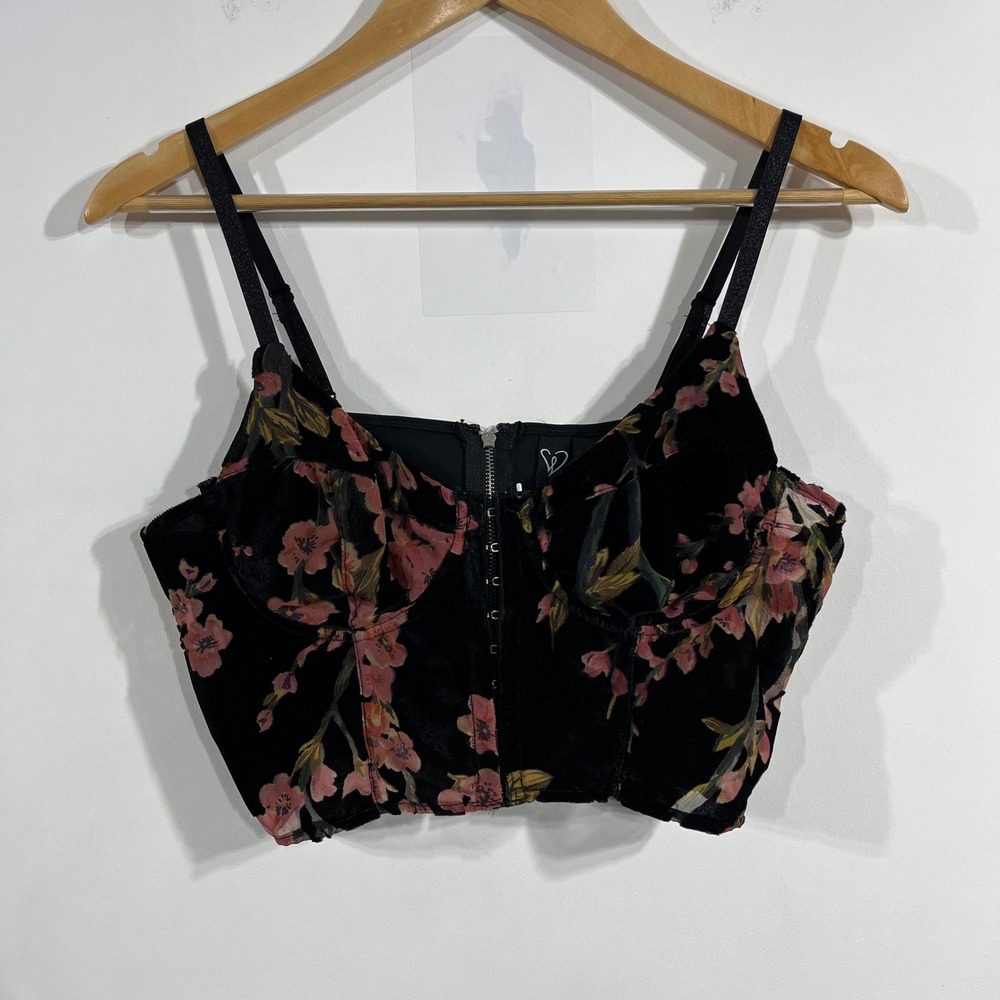 Windsor Black Velvet Floral Crop Top with Pink & Green Accents